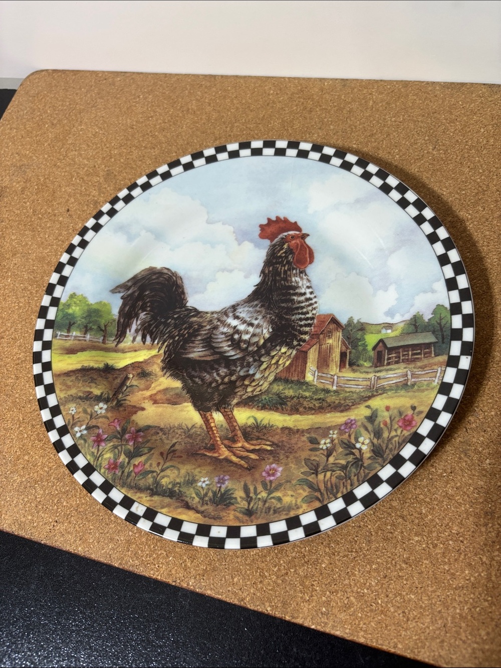 Decorative Rooster Farm Scene Plate - Black & White Check Rim 8”